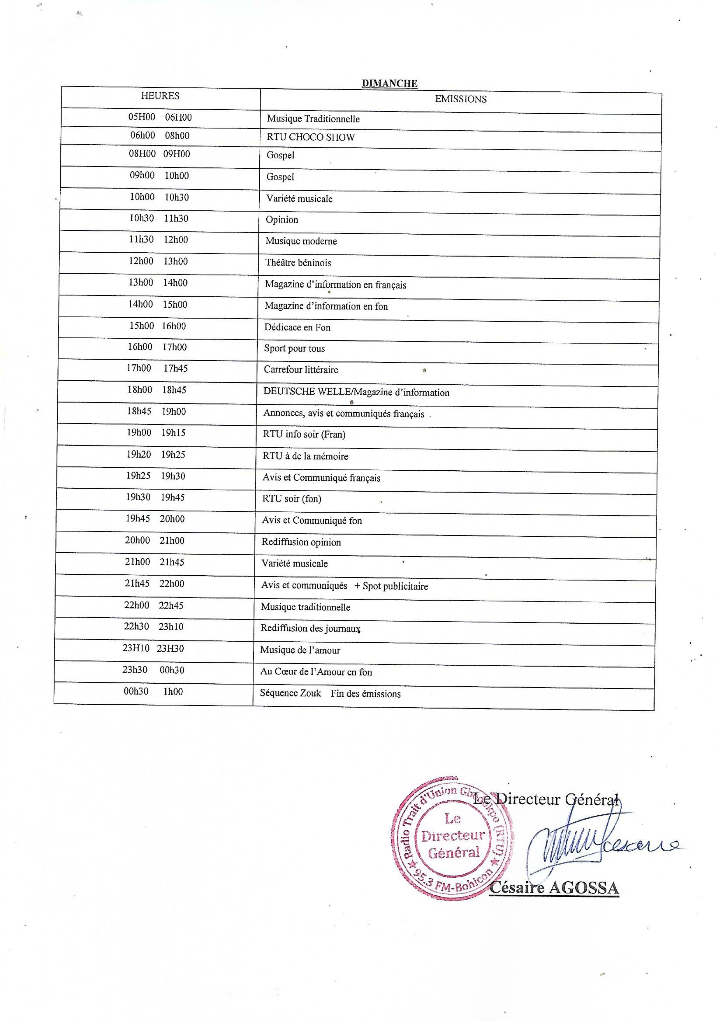 Programme du dimanche de la RTU