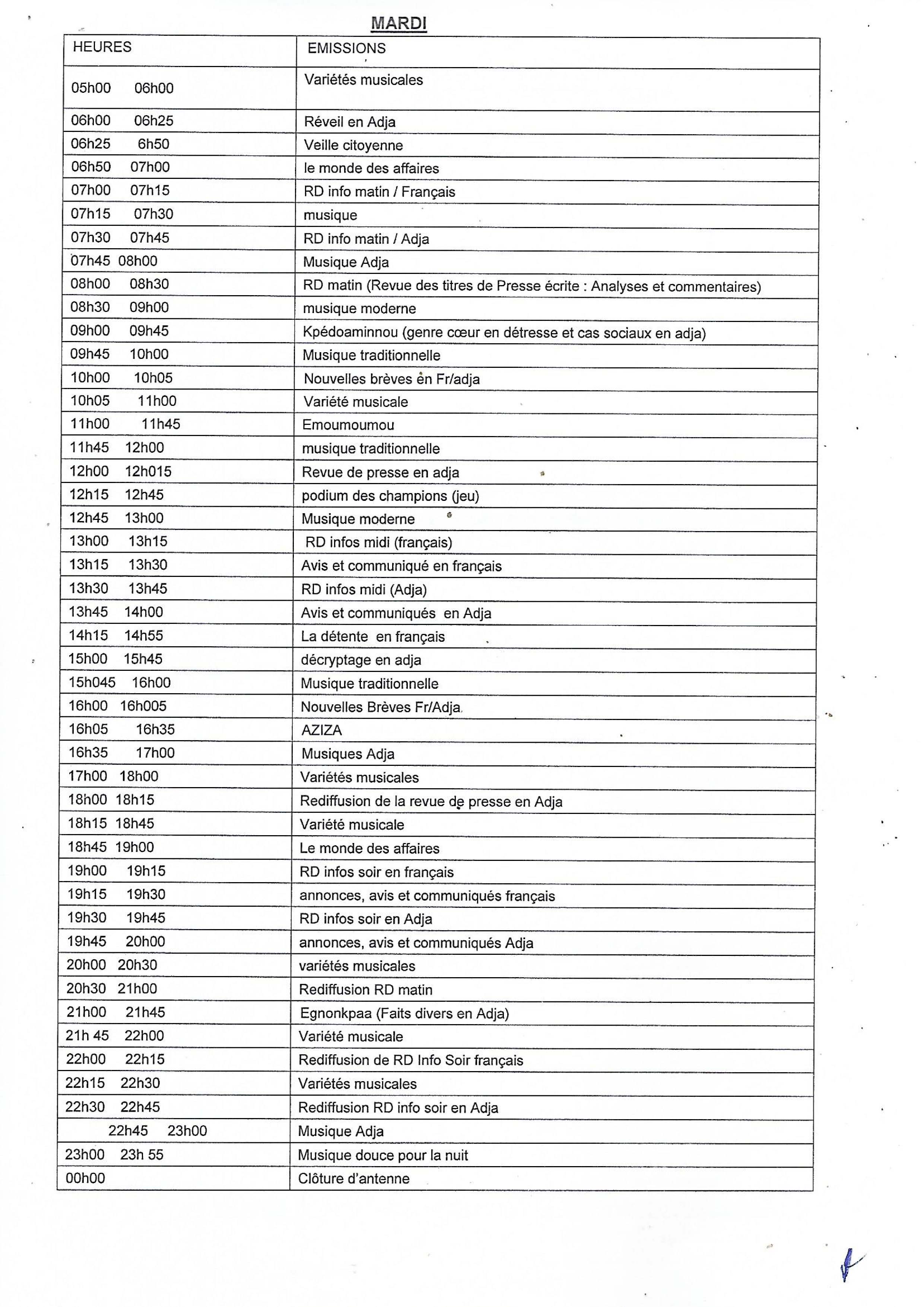 Programme du mardi de Dogo fm