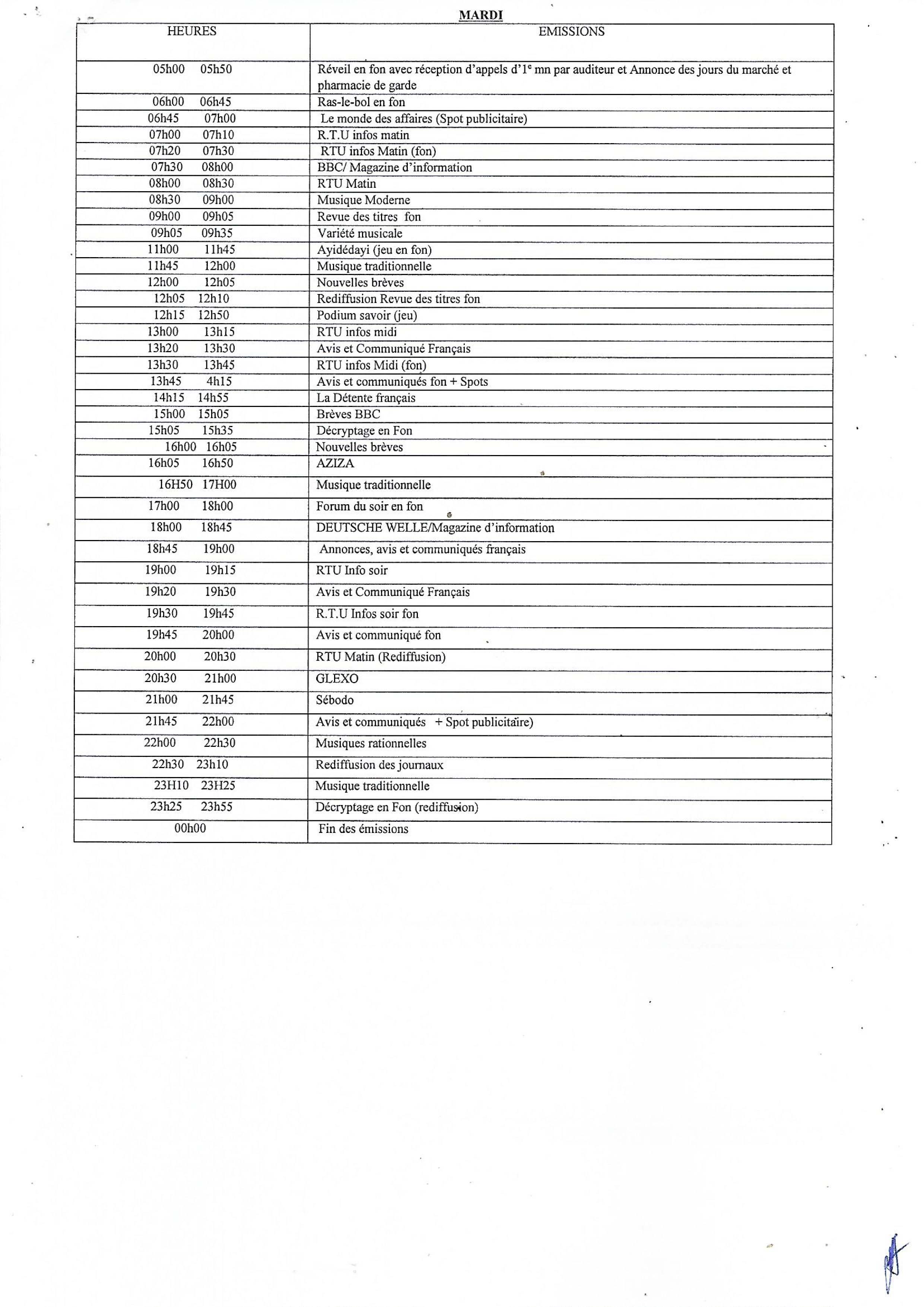 Programme du mardi de la RTU