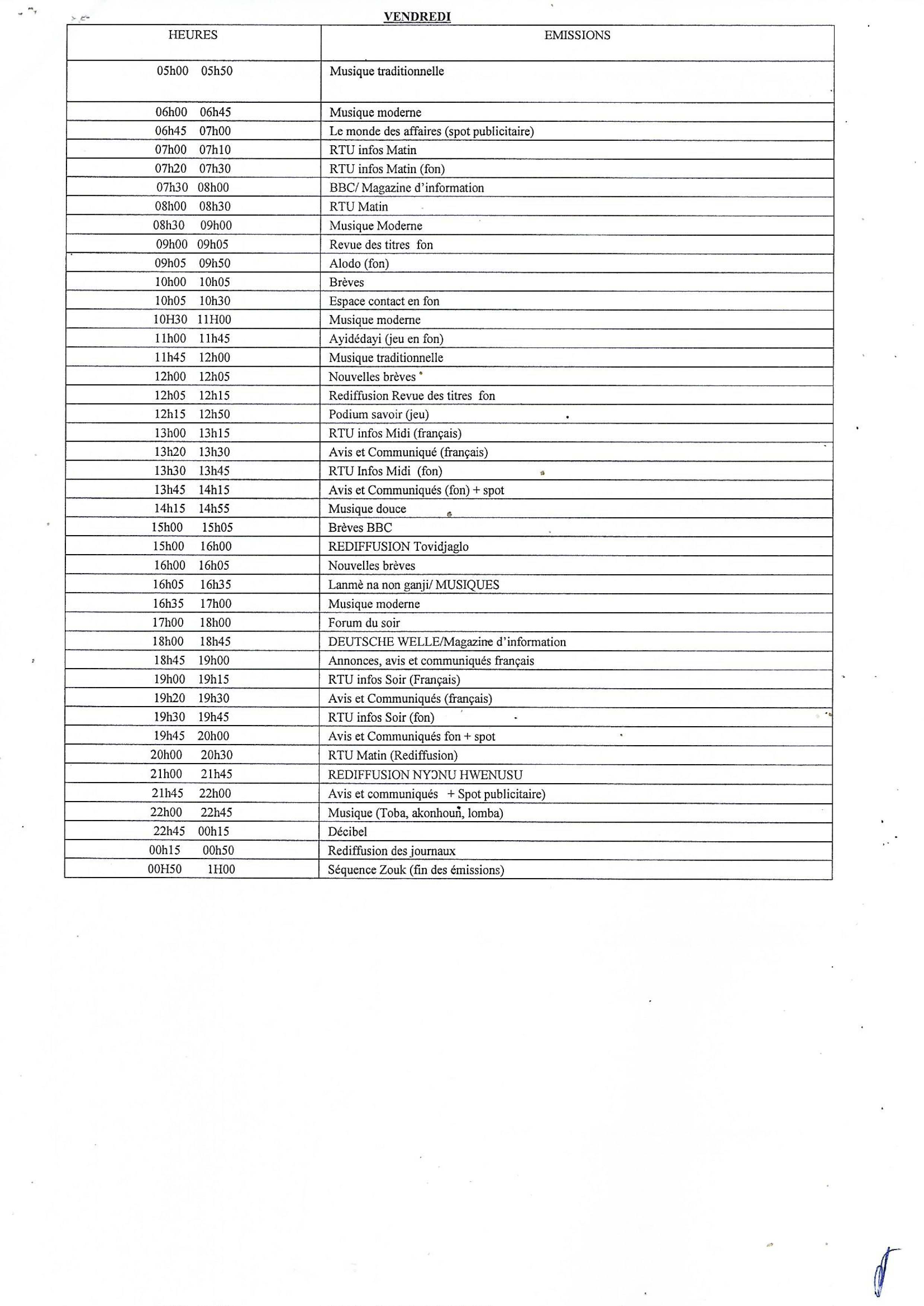 Programme du vendredi de la RTU